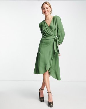 Зеленое платье с запахом и длинными рукавами Trendyol-Зеленый цвет TRENDYOL