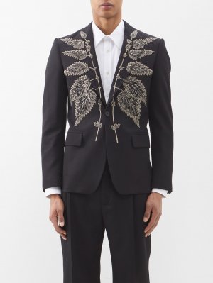 Однобортный шерстяной пиджак с вышивкой , черный Alexander McQueen