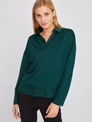 Комбинированный джемпер с имитацией блузки zolla. Цвет: темно-зеленый