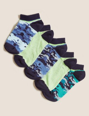 Хлопковые короткие носки с камуфляжным принтом (5 пар), Marks&Spencer Marks & Spencer. Цвет: синий микс