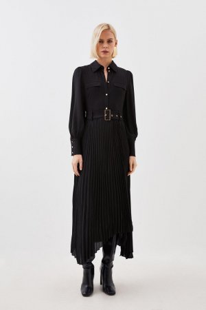 Платье миди со складками из джерси и жоржетта , черный Karen Millen