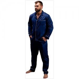 Пижама мужская из шелка с брюками и рубашкой Синий Размер 54 Малиновые сны. Цвет: синий