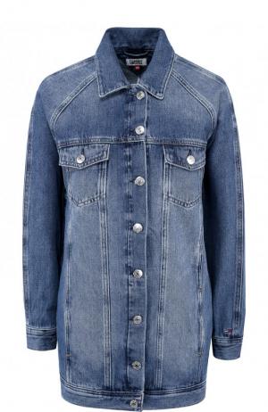 Удлиненная джинсовая куртка с потертостями Tommy Hilfiger. Цвет: синий