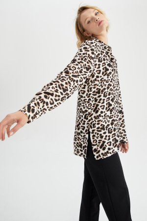 Рубашка из вискозы с длинными рукавами и леопардовым принтом Relax Fit , бежевый DeFacto