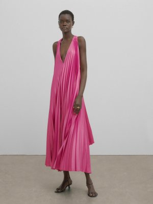 Длинное платье со складками - studio , розовый Massimo Dutti