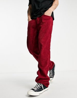 Прямые бордовые брюки из вельвета в рубчик от комплекта -Красный Liquor N Poker
