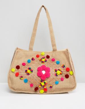 Пляжная сумка из джута с помпонами Jute Glamorous. Цвет: мульти