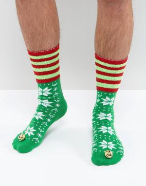 Слиперы-носки в новогоднем стиле ASOS. Цвет: зеленый