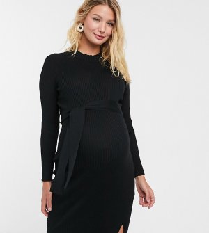 Черное платье миди в рубчик с поясом -Черный New Look Maternity