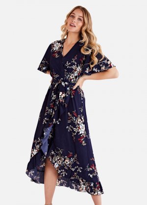 Mela Темно-синее платье макси с короткими рукавами и цветочным принтом Apple