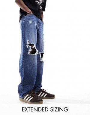 Синие мешковатые джинсы с рваными краями DESIGN Asos