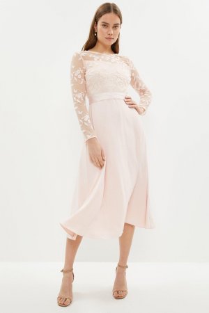 Платье-юбка из крепа с длинными рукавами и вышивкой , розовый Coast