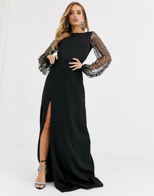 Полупрозрачное черное платье макси с длинными рукавами и разрезом до бедра -Черный Virgos Lounge