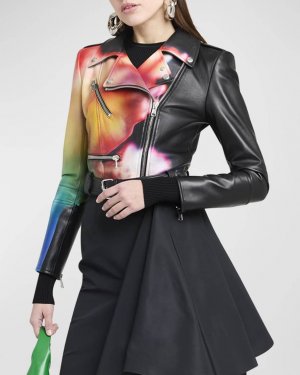 Укороченная кожаная байкерская куртка с абстрактными цветочными деталями Alexander McQueen