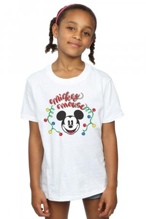 Хлопковая футболка с рождественскими лампочками Микки Маусом, белый Disney