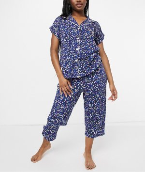 Темно-синяя пижама в цветочек с брюками капри и рубашкой лацканами Lauren by Ralph Lauren-Темно-синий