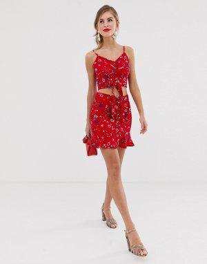 Мини-юбка с цветочным принтом и оборкой на подоле -Красный Parisian
