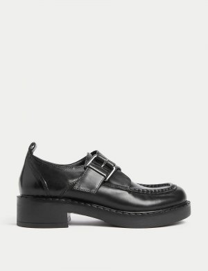 Кожаные броги на блочном каблуке с пряжкой , черный Marks & Spencer