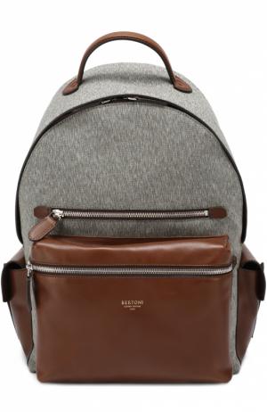 Текстильный рюкзак с отделкой из натуральной кожи Bertoni. Цвет: темно-коричневый