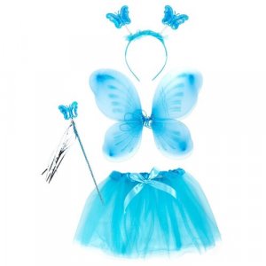 Карнавальный костюм новогодний крылья феи бабочки для девочки с юбкой, волшебной палочкой и ободком голубой 48*38см Magic Time. Цвет: голубой
