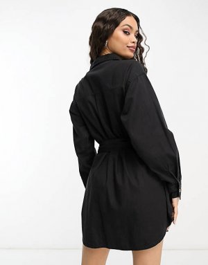 Черное джинсовое платье мини с поясом ASOS DESIGN Petite