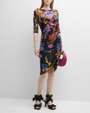 Облегающее платье из тюля с цветочным принтом и рюшами Fuzzi