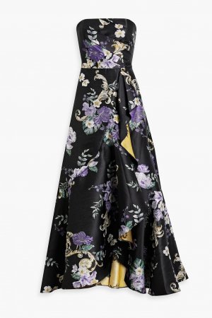 Жаккардовое платье без бретелек с эффектом металлик и цветочным принтом MARCHESA NOTTE, черный Notte