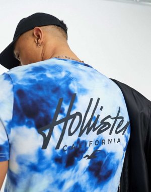 Синяя длинная футболка с логотипом на груди и спине Hollister