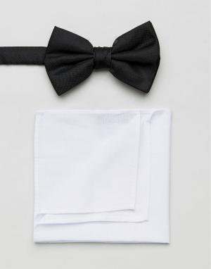 Черный галстук-бабочка и белый платок-паше в наборе New Look. Цвет: черный