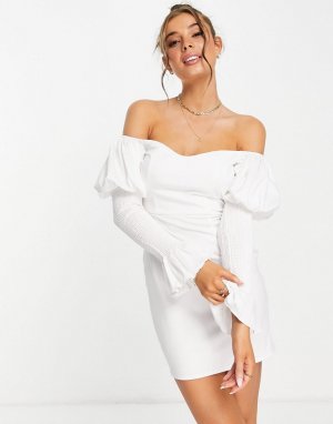Кремовое платье мини с открытыми плечами и объемными рукавами -Белый Outrageous Fortune