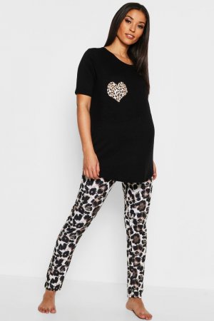 Пижамный комплект с леопардовым сердцем для беременных , черный Boohoo