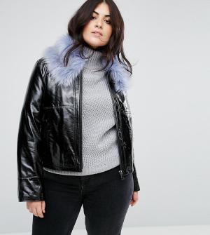 Блестящее виниловое пальто с меховым воротником Urbancode Plus Curve. Цвет: черный