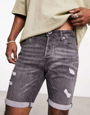 Черные джинсовые шорты приталенного кроя Intelligence с потертостями Jack & Jones