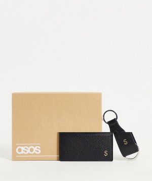 Набор из кожаного кошелька для пластиковых карт и брелока с инициалом S -Черный цвет ASOS DESIGN