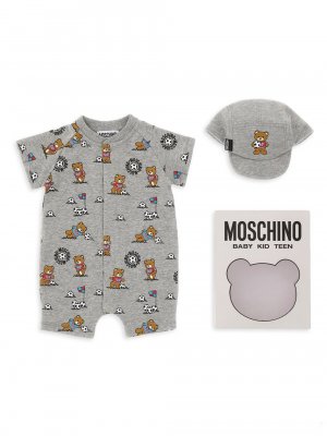 Подарочный комплект из 2 предметов: комбинезон и шапка с футбольным принтом медведя для новорожденного мальчика , серый Moschino