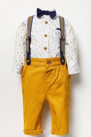 Коричневый детский комплект боди рубашка галстук-бабочка брюки и подтяжки состоящий из 3 предметов , Little Gent