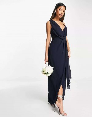 Темно-синее шифоновое платье макси с запахом и глубоким подолом Bridesmaid TFNC