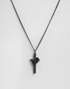Черное матовое ожерелье с кольцом и крестом Chained & Able. Цвет: черный