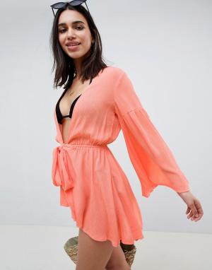 Пляжная накидка-кимоно с поясом ASOS DESIGN. Цвет: оранжевый