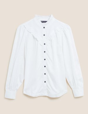 Джинсовая блузка Tencel ™ с оборками, Marks&Spencer Marks & Spencer. Цвет: слоновая кость