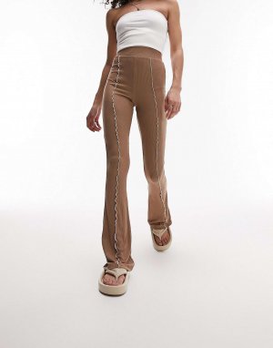 Коричневые расклешенные брюки премиум-класса с открытыми швами Topshop. Цвет: коричневый