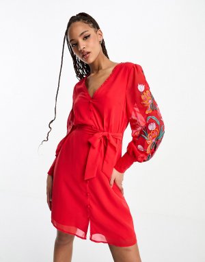 Красное платье мини с запахом и вышивкой длинными рукавами Hope & Ivy