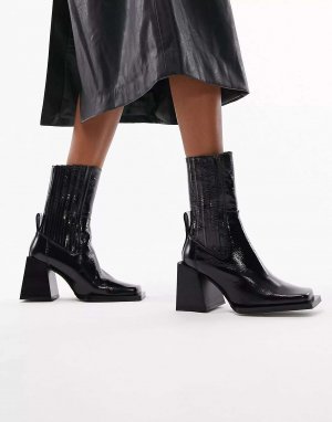 Черные кожаные ботинки челси премиум-класса на каблуке и квадратном носке Polly Topshop