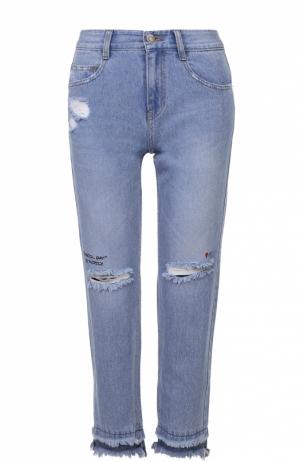 Укороченные джинсы с бахромой и потертостями Steve J & Yoni P. Цвет: голубой
