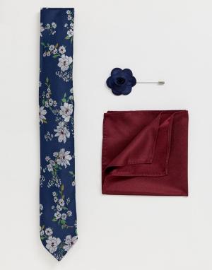 Розовый комплект с галстуком, нагрудным платком и булавкой темно-синим цветочным принтом -Темно-синий New Look