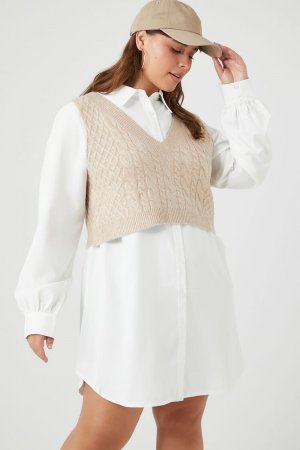 Комбинированное платье-свитер, жилет и рубашка больших размеров , песочный Forever 21