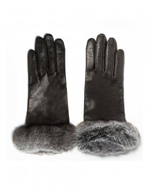 Черные кожаные перчатки с манжетами из натуральной шиншиллы. , черный Maximilian