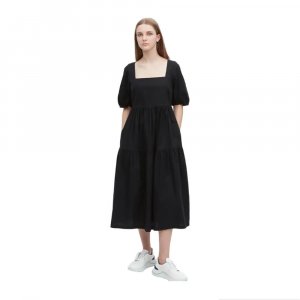 Платье Linen Blend Shirring Volume Sleeved, черный Uniqlo