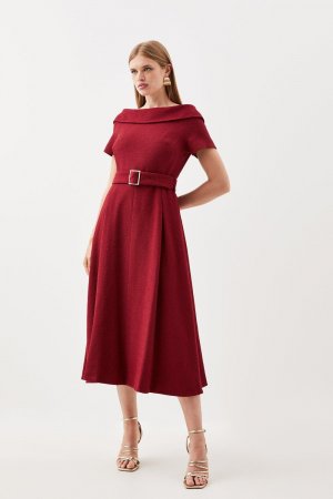 Твидовое платье миди с высоким воротником и поясом пышной юбкой , красный Karen Millen