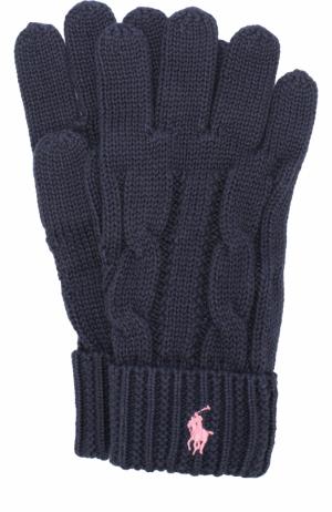 Хлопковые перчатки фактурной вязки с логотипом бренда Polo Ralph Lauren. Цвет: синий
